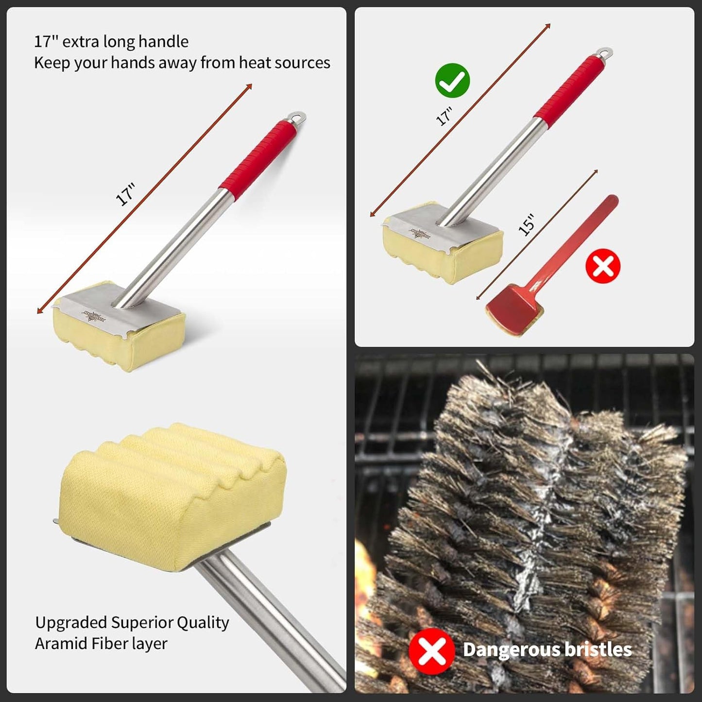 XUDAKAIXIN Grill Brush Bristle Free,Aramid Fiber Wavy Pad Seamless-Fit Cast Iron/Stainless-Steel Grates,BBQ Replaceable Scraper Cleaning Head,Safe Grill Cleaner for Outdoor Grill,Gifts for Men/Dad