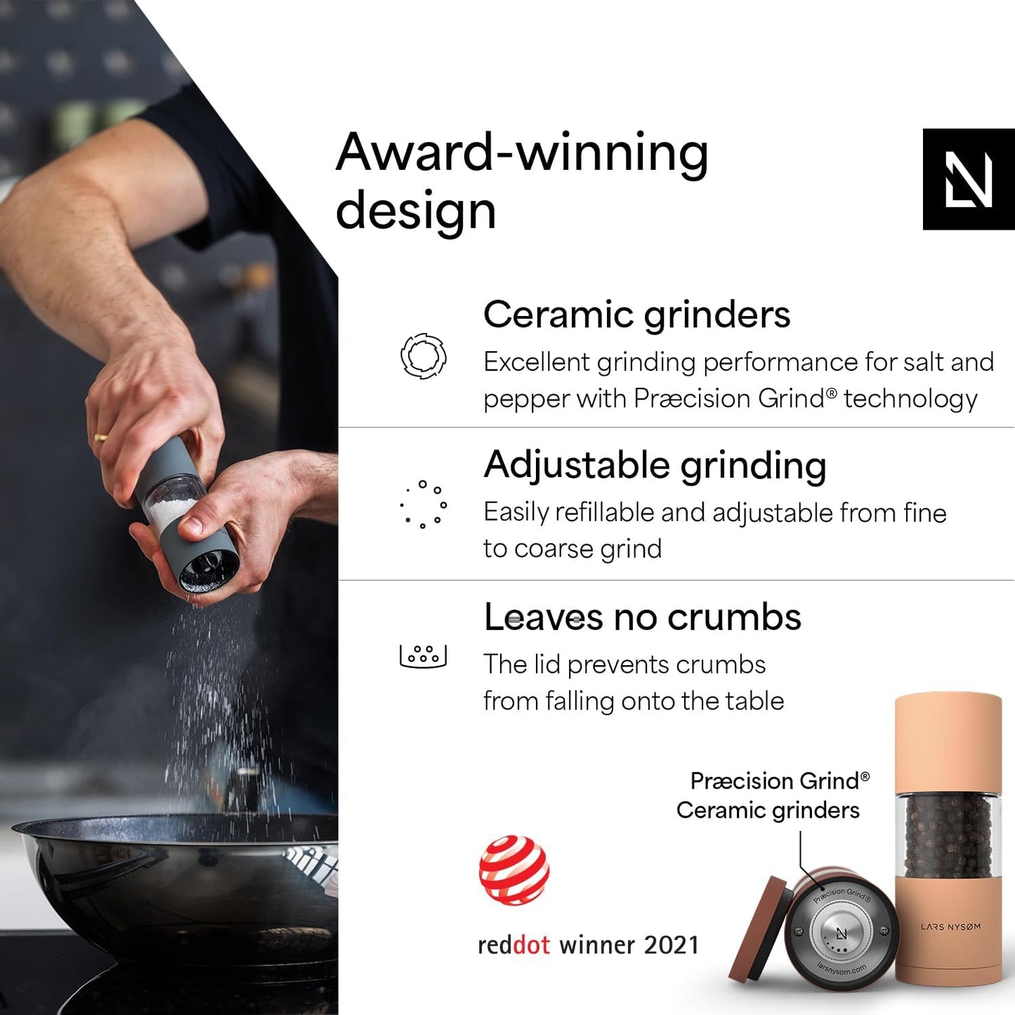 LARS NYSØM Salt and Pepper Grinder Set I Salt and Pepper Mills with Adjustable Ceramic Grinder 2 Pieces I Manual Design Spice Mill Set (Carbon Black)