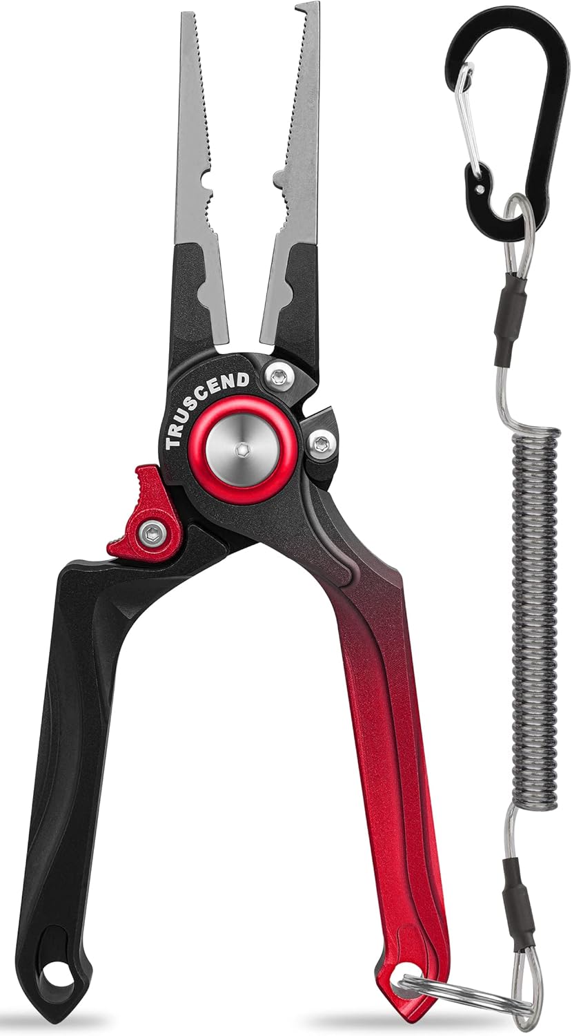 TRUSCEND Lockable Handy Fishing Pliers with Innovative Ergonomic Handle, Saltwater Corrosion Resistant Teflon Coated Fishing Tool, Multi-Function Fishing Gear with Mo-V Cutter, Amazing Fishing Gift