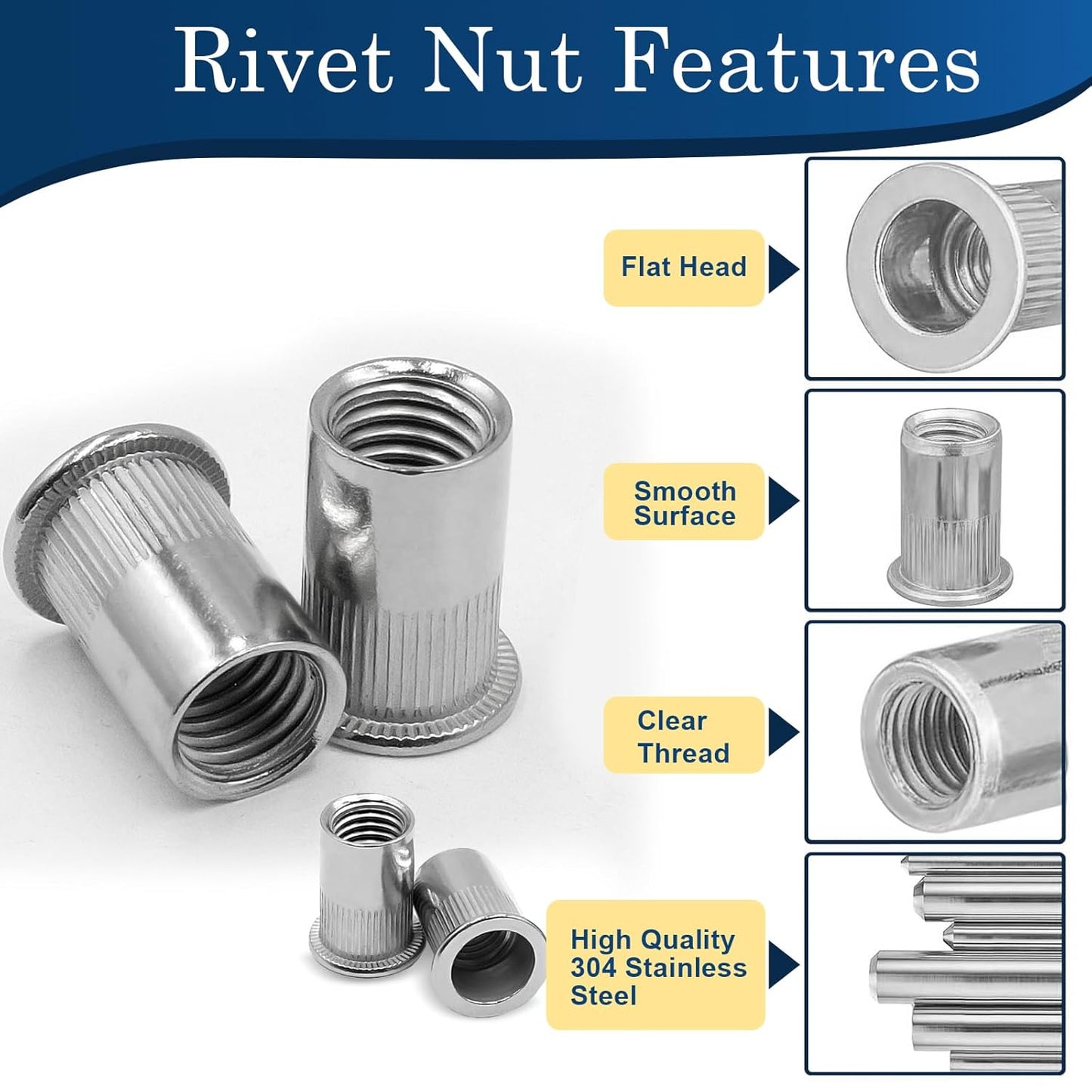 Vifmy Metric & SAE Rivet Nut Assortment Kit(420 Pcs),m3 m4 m5 m6 m8 m10 m12#6-32#8-32#10-24 1/4"-20 5/16"-18 3/8"-16 UNC Flat Head Rivnut Set,Zinc Plated Finish Carbon Steel Nutsert