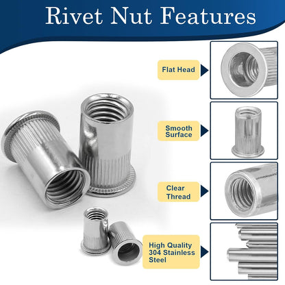 Vifmy Metric & SAE Rivet Nut Assortment Kit(420 Pcs),m3 m4 m5 m6 m8 m10 m12#6-32#8-32#10-24 1/4"-20 5/16"-18 3/8"-16 UNC Flat Head Rivnut Set,Zinc Plated Finish Carbon Steel Nutsert