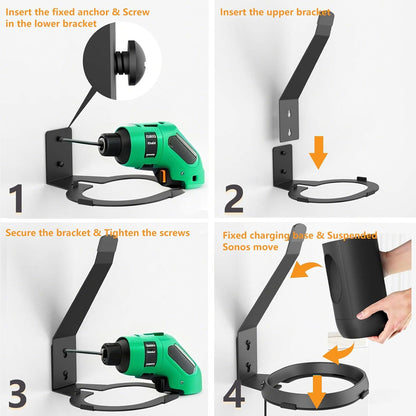 GZQIUYI Metal Wall Mount for SONOS Move 1 and Move 2, Portable Speaker Mount Rack with Anchor Kits, Top Layer Dip-Coated Overmolding Protection, Secure Charging Dock Base for Seamless Fit, Black Steel