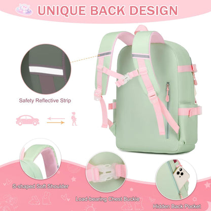 FIXITOK Girls Backpack Set, 3PCS Kids Backpack for Girls, Kawaii Bunny School Backpacks for Girl Kindergarten Elementary Preschool Middle School Bags with Lunch Box Pencil Case Aquamarine