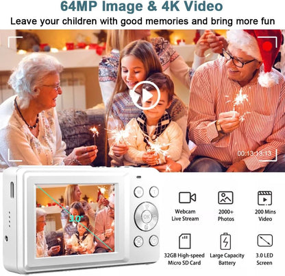 4K Digital Camera for Photography, 64MP Autofocus Vlogging Cam for YouTube, Anti-Shake, 3.0'' LED Screen, 18X Zoom, Pink Point and Shoot Digital Camera for Teens Adult Beginner, 32GB TF Card