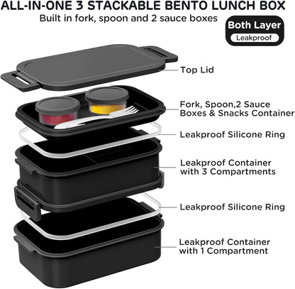JSCARES Lunch Box Adults Bento Box - All-in-One Stackable 74 OZ Lunch Box Containers for Adult Large Bento Box with Fork Spoon Sauce Boxes, Leakproof Lunchbox for Work School Dining Out (Green)
