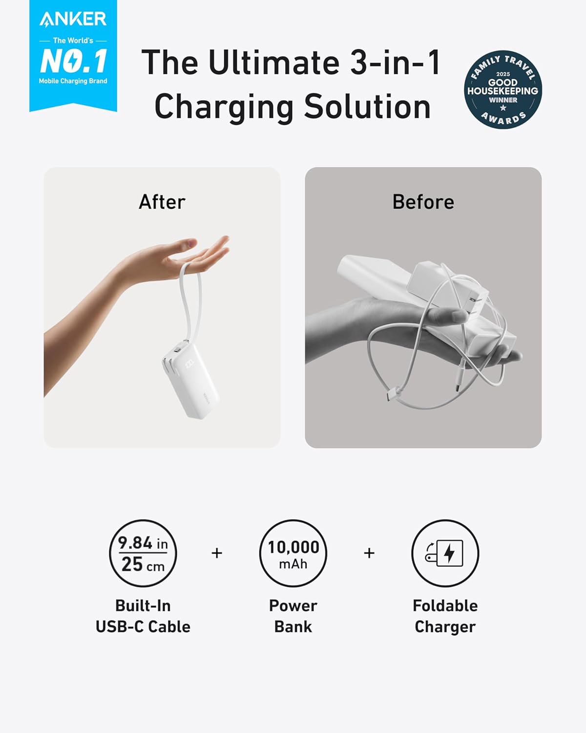 ANKER Nano 3-in-1 Power Bank, Foldable AC Plug, 10,000mAh, 30W Two-Way Fast Charging, Built-in Lightning Cable (Not for iPhone 16/15 Series), Compatible with iPhone 14 Series, AirPods, and More