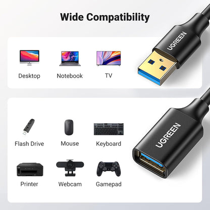 UGREEN USB Extension Cable USB 3.0 Extender Cord Type A Male to Female Data Transfer Lead for USB Hub, Xbox, Oculus Rift, Oculus Quest, USB Sticks, Hard Drive, Keyboard, Mouse, Camera, 2 Meters - PuriLite