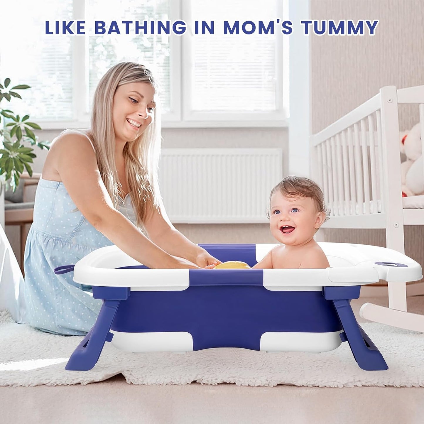 Baby Bathtub, Newborns Bath Essentials, Portable Bath tub For Infant 0-24 Months，Baby Shower Gifts With Soft Cushion,Temperature Sensor and Tray