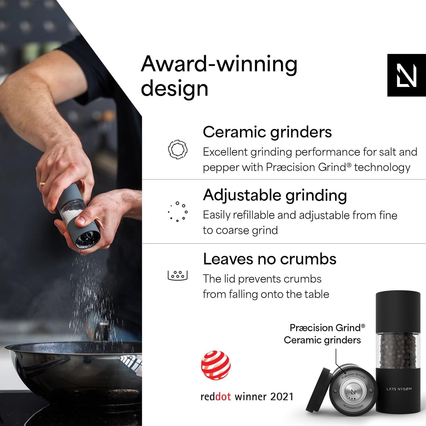 LARS NYSØM Salt and Pepper Grinder Set I Salt and Pepper Mills with Adjustable Ceramic Grinder 2 Pieces I Manual Design Spice Mill Set (Carbon Black)