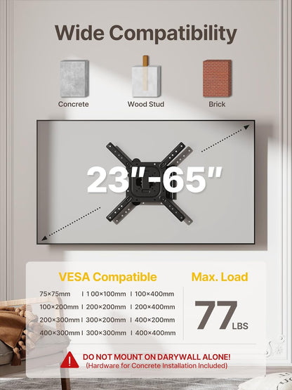 monTEK Full Motion TV Mount for Most 23-65 Inch Flat Curved TVs & Monitors, Swivel Articulating Tilt TV Wall Mount, Wall Mount TV Bracket Perfect Center Design Max VESA 400x400mm, up to 77lbs - PuriLite