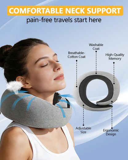 Memory Foam Travel Neck Pillow for Airplane & Car（Soft Grey）