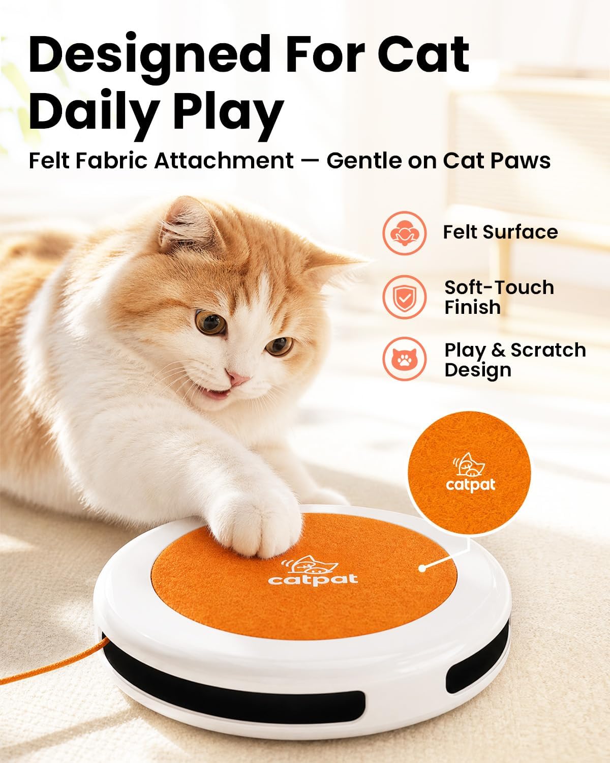 Interactive Cat Toys for Indoor Cats, Automatic Cat Toy with Tap to Wake & Auto Restart Modes, Battery Powered Self Play Toy with Replaceable Swinging String for Hunting & Daily Exercise