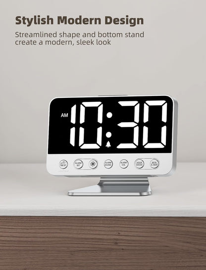 Odokee Digital Alarm Clocks for Bedrooms: Large Bold Number 5 Brightness Dimmer - Easy to Read Across The Room - 5 Alarm Sound 8 Night Light - Silver
