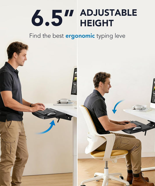 AX WABER Keyboard Tray Under Desk with Storage Drawer, Height Adjustable Keyboard Tray Slide Out 360° Swivel Tilt, Ergonomic Under Desk Mount Keyboard & Mouse Holder for Gaming Home Office, Black