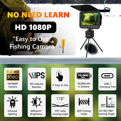 [FishPRO® 2026 Upgrade] NO.1 HD 1080P Underwater Fishing Camera 7''IPS - w/10,000mAh (Easy To Use) Ice Fishing Camera Underwater, Fish Finder Camera for Ice Lake Boat Fishing w/USB-C, LED+IR, 25m/82ft