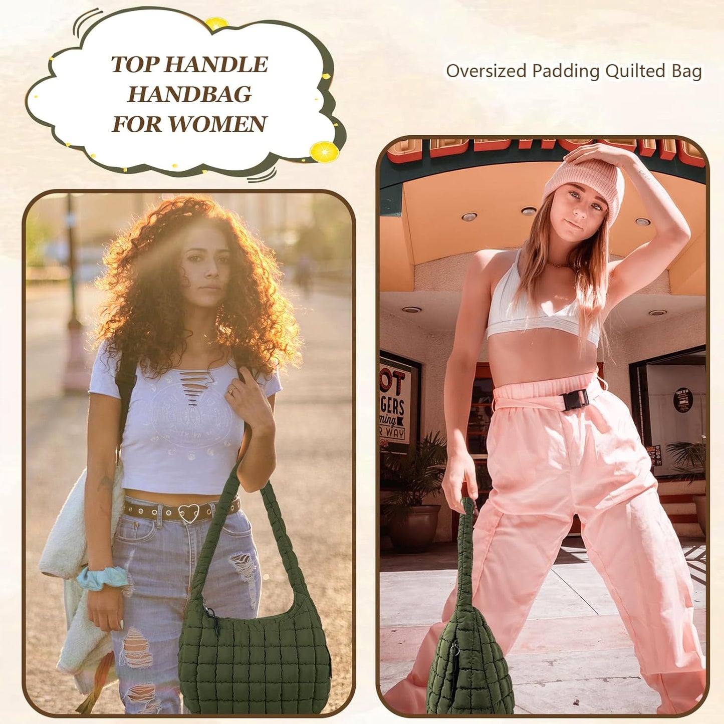 Quilted Puffer Tote Bag Large Crossbody Shoulder Bag with Zipper, Nylon Hobo Oversized Handbag