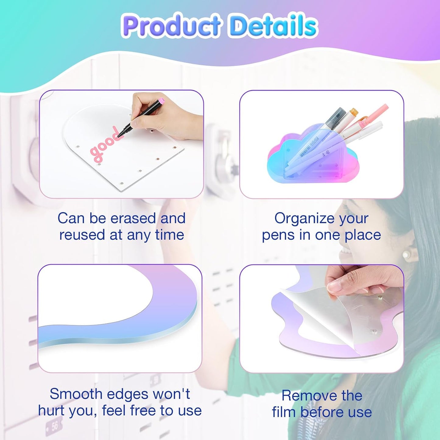 MoKo 10Pcs Locker Accessories for Girls, Back to School Supplies | Includes an acrylic board, locker mirror, eraser, pen holder, 2 marker pens and 4 round magnets for metal surfaces.