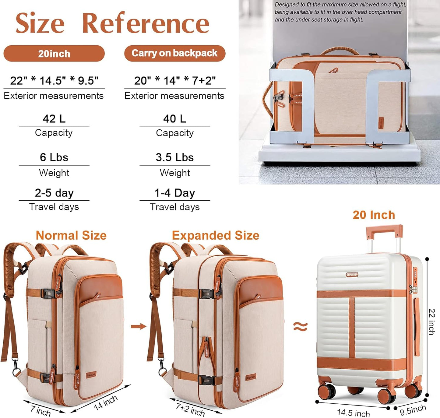 Lumesner Carry on Backpack, Extra Large 40L Flight Approved Travel Backpack for Men & Women