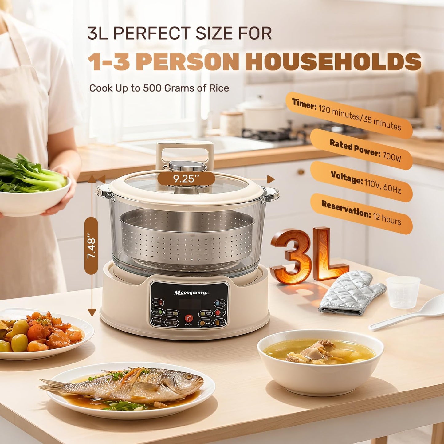 Moongiantgo Low Carb Rice Cooker 3L with Auto Lift Filter Basket, Glass Pot | Healthy Low Sugar Rice Maker 700W, Digital Touch Control, 12H Timer & Keep Warm, Steamer for Porridge, Soup, Oats, Grains