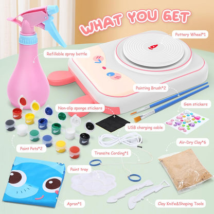 Skirfy Kids Pottery Wheel & Clay Sculpting Kit – DIY Arts & Crafts Set with 6 Modeling Clays, Painting Tools, and Accessories, Creative Gift for Boys and Girls Ages 9-12 - PuriLite