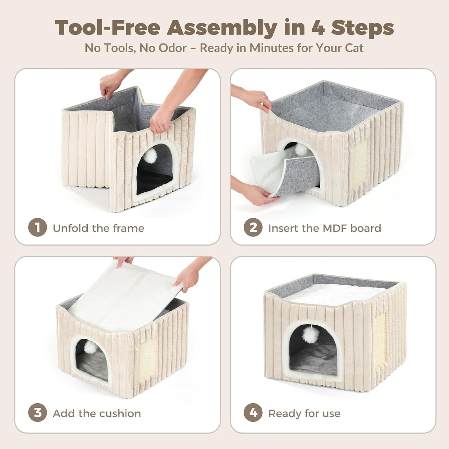 Avont Cat Cube Bed for Indoor Cats, 2-in-1 Enclosed Cat House with Scratching Pad, Foldable Cave Hideaway Bed for Kittens -Cream