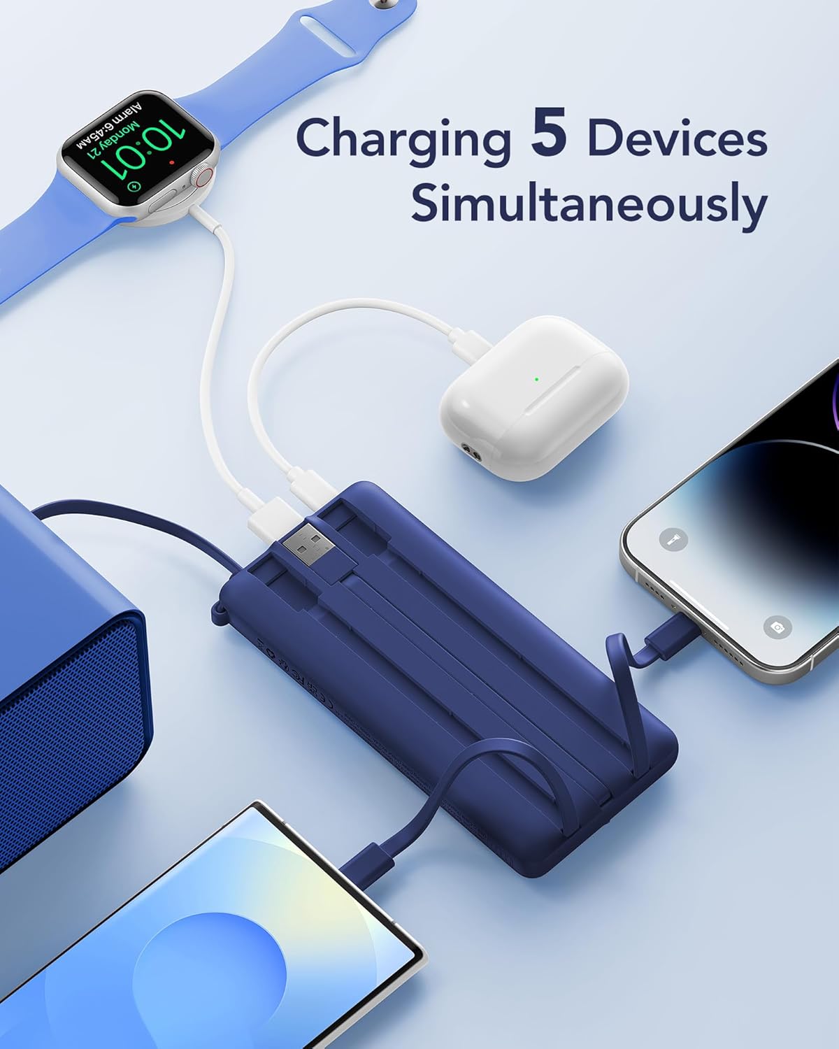 VRURC 10000mAh Power Bank Built-in Cables, Portable Charger with LED Display, Slim Intelligent Travel Battery Pack with Cords, 5 Output Dual Input Phone Charger for Cell Phone Smart Devcies-Blue