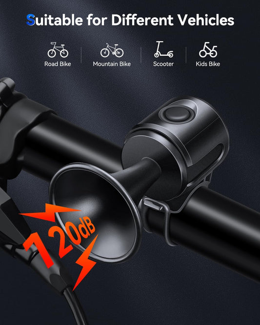 EQIIO Electric Bike Horn for Adults Kids, 120db Loud Bicycle Horn for Handlebars, IPX4 Waterproof Bike Bell for Bike, Scooter, EBike