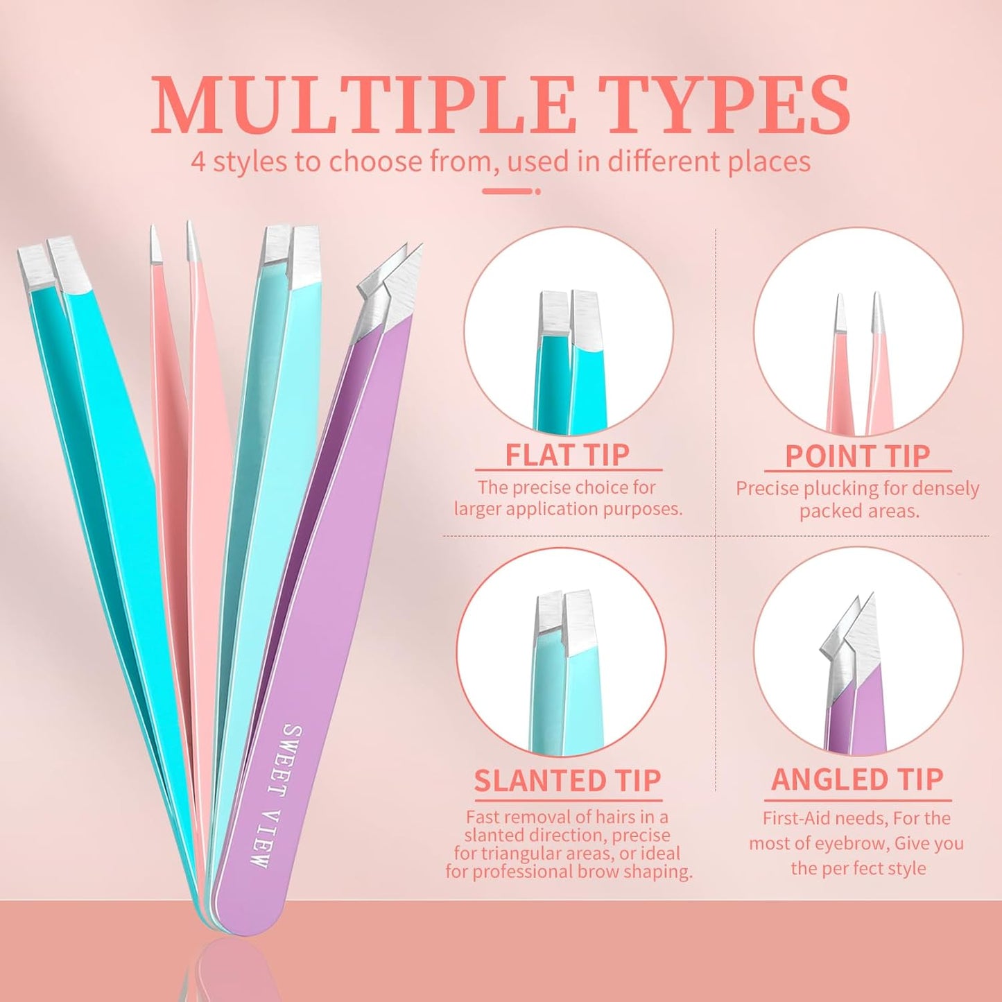 SWEET VIEW 7pcs Eyebrow Tweezers Set, Stainless Steel Tweezers for Women and Man, Precision Plucker Tweezers for Facial Hair, Chin, Eyebrow, Splinter and Ingrown Hair Removal