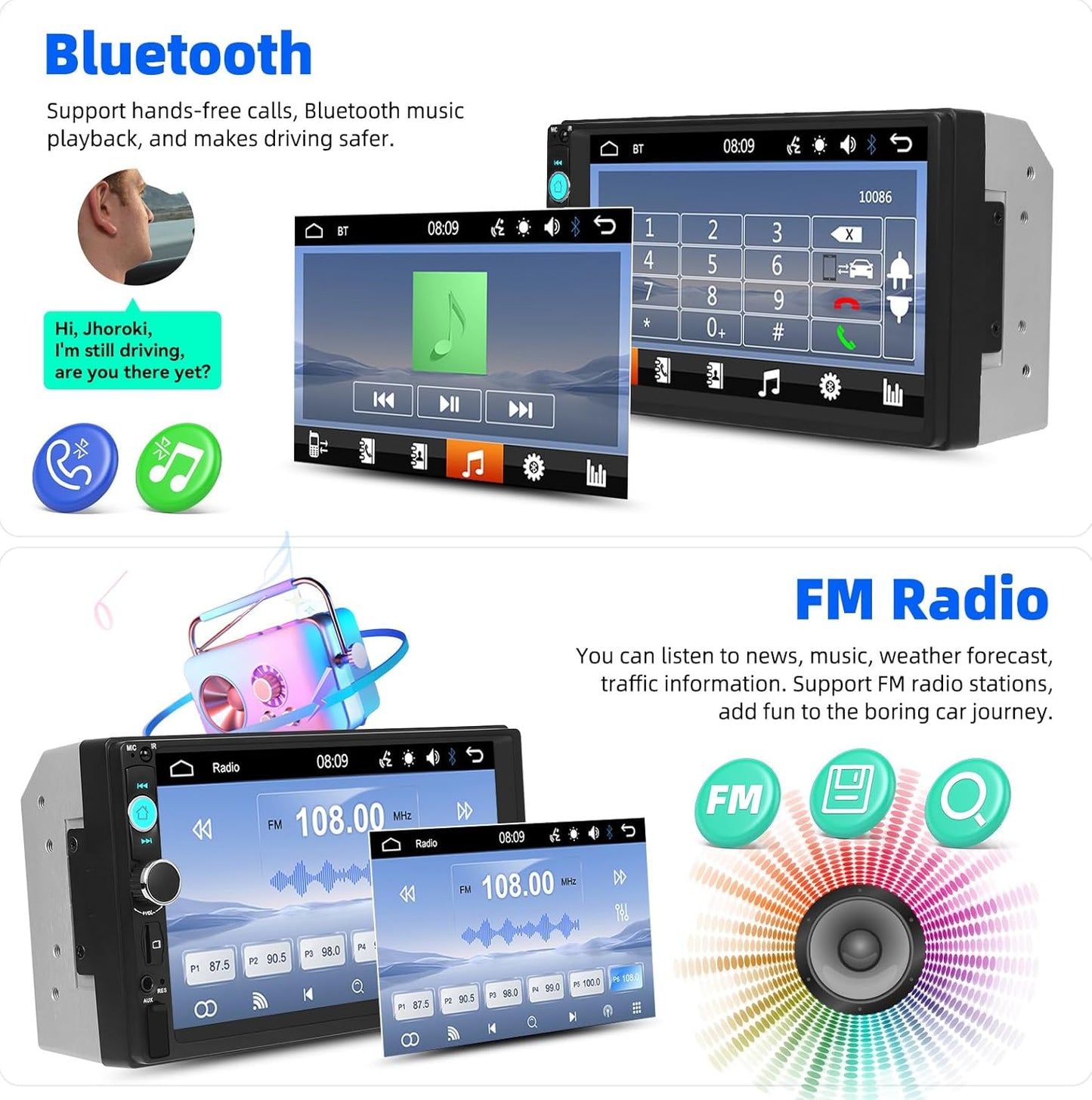 Universal Double Din Car Stereo 7 inch Touchscreen Radio with Mirror Link FM Receiver Multimedia Player Head Unit Bluetooth EQ USB TF AUX+ 12 LED Backup Camera MIC