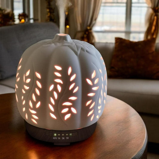 Earnest Living Essential Oil Diffuser White Pumpkin Ceramic Diffuser 250 ml Timers Night Lights and Auto Off Function Home Office Humidifier Aromatherapy Diffusers for Essential Oils Halloween