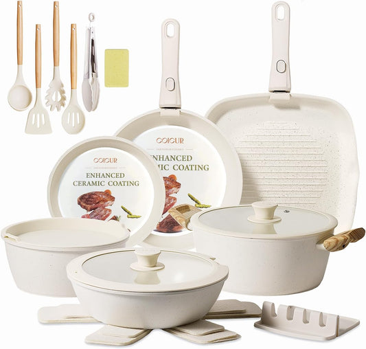Ceramic Cookware Set Non Stick 23Pcs Pots and Pans Set Non Toxic with Detachable Handle Induction Kitchen Cookware Set Space Saving, Oven & Dishwasher Safe, Cream White