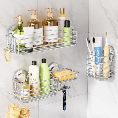 LEVERLOC Shower Caddy Suction Cup, 2 Pack Black Shower Shelf with Hooks and Soap Holder, NO-Drilling Bathroom Organizer, Rustproof Metal Bathroom Storage and Organization