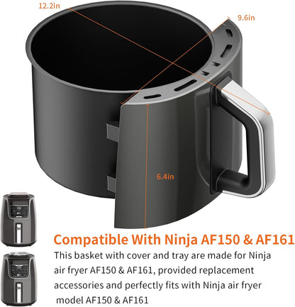 Air Fryer Basket Replacement Basket and Tray for Ninja AF161, Air Fryer Accessories for Ninja AF150 and AF161, Non-Stick Air Fryer Basket with Cover for Ninja AF150 and AF161, Dishwasher-Safe Basket