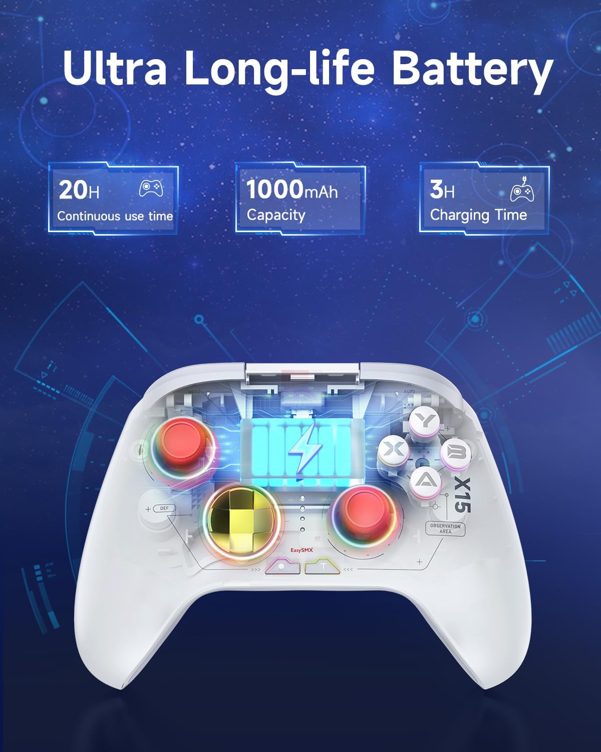 EasySMX X15 PC Controller - Enhanced Wireless Bluetooth Controller with Hall Joysticks/Hall Triggers/RGB Lighting - No Stick Drift, No Dead Zone - Work for Windows PC, Android, Steam and Switch