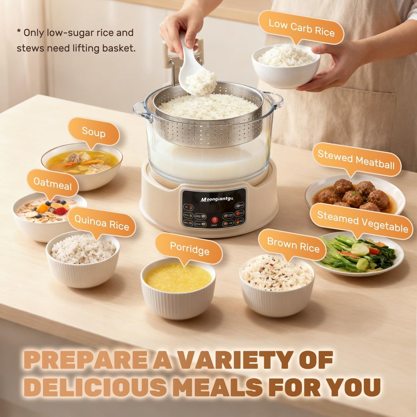 Moongiantgo Low Carb Rice Cooker 3L with Auto Lift Filter Basket, Glass Pot | Healthy Low Sugar Rice Maker 700W, Digital Touch Control, 12H Timer & Keep Warm, Steamer for Porridge, Soup, Oats, Grains