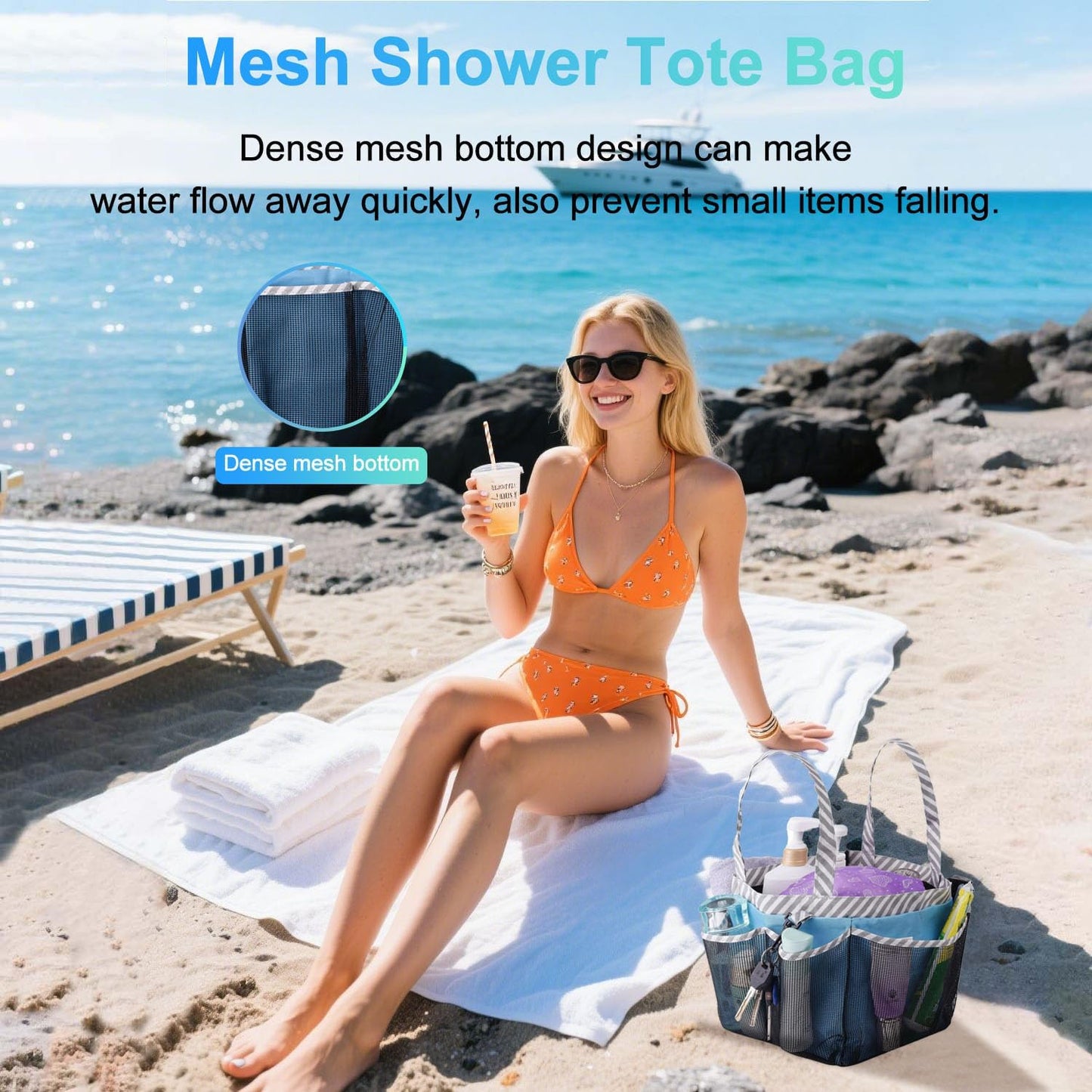 Mesh Shower Caddy Tote, Large College Dorm Bathroom Caddy Organizer with Key Hook and 2 Oxford Handles, Quick Hold, 8 Basket Pockets for Camp Gym