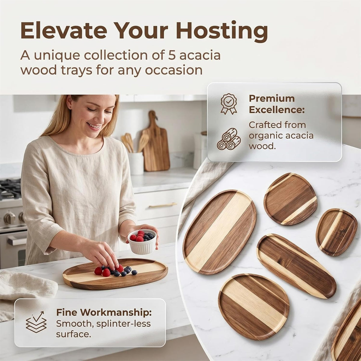 Okllen 5 Pcs Acacia Wood Serving Trays, Irregular Oval Wood Platters (6.3-11.7" L, 5.1-8.2" W), Natural Charcuterie Board for Cheese & Fruit, Rustic Home Decor, Housewarming Gift