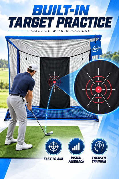 Golf Hitting Net with Extra Striking Net, 10x7ft Heavy Duty Golf Practice Net for Golfer Backyard Driving Swing, Golf Impact Net Cage Metal Frame with Storage Bag and Elevated Base (Blue)