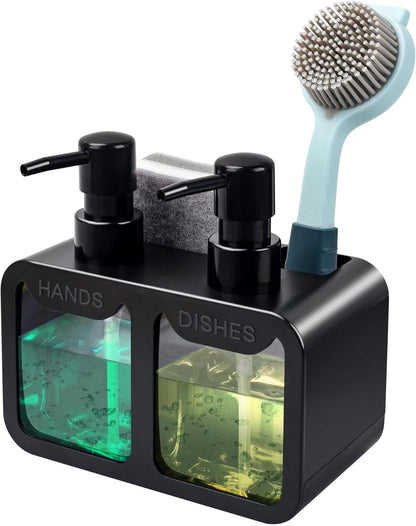 Kitchen Hand Soap and Dish Soap Dispenser Set – Dual Pump Soap Dispenser with Sponge and Brush Holder, 4-in-1 Sink Organizer, BPA-Free, Compact Kitchen Countertop Storage, Black