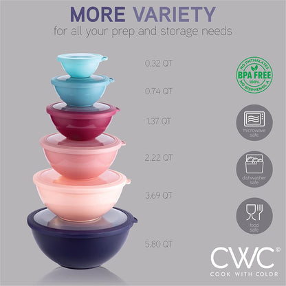 COOK WITH COLOR Mixing Bowls with TPR Lids - 12 Piece Plastic Nesting Bowls Set Includes 6 Prep Bowls and 6 Lids, Microwave Safe Mixing Bowl Set (Green)