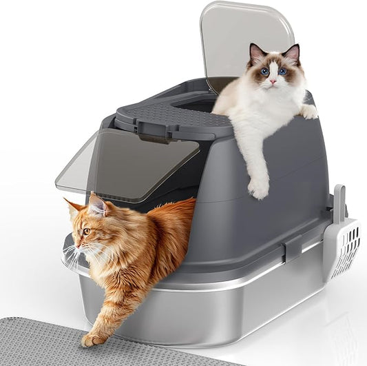 OGEMXU Stainless Steel Litter Box with Lid, Top Entry Covered Kitten Litter Box, Enclosed Litter Tray for Easy Cleaning & Odor Control, Includes Scoop and Litter Mat, Gray