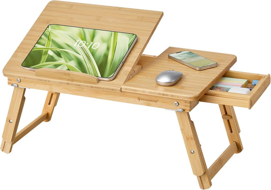 SONGMICS Laptop Desk for Bed or Sofa with Tilting Top, Breakfast Serving Tray with Folding Legs, Fits up to 15.6 Inches Screen, (24-26.9) x 13.7 x (8.8-12.6) Inches, Natural ULLD01N