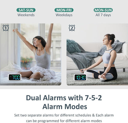 Odokee Digital Dual Alarm Clock for Bedroom, Easy to Set, 0-100% Dimmer, USB Charger, 5 Sounds Adjustable Volume, Weekday/Weekend Mode, Snooze, 12/24Hr, Battery Backup, Compact Clock for Bedside(Blue)