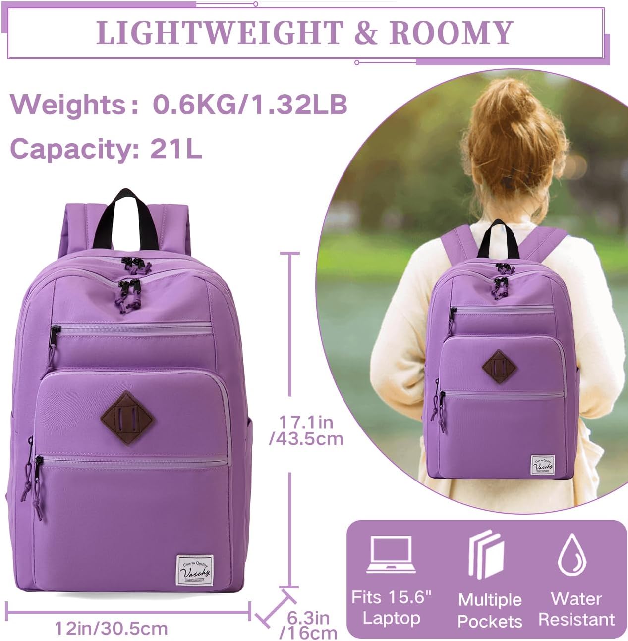 School Backpack for Men Women,Vaschy Lightweight School Bag Bookbag Casual Daypack for High School/College/Teens/Travel/Work