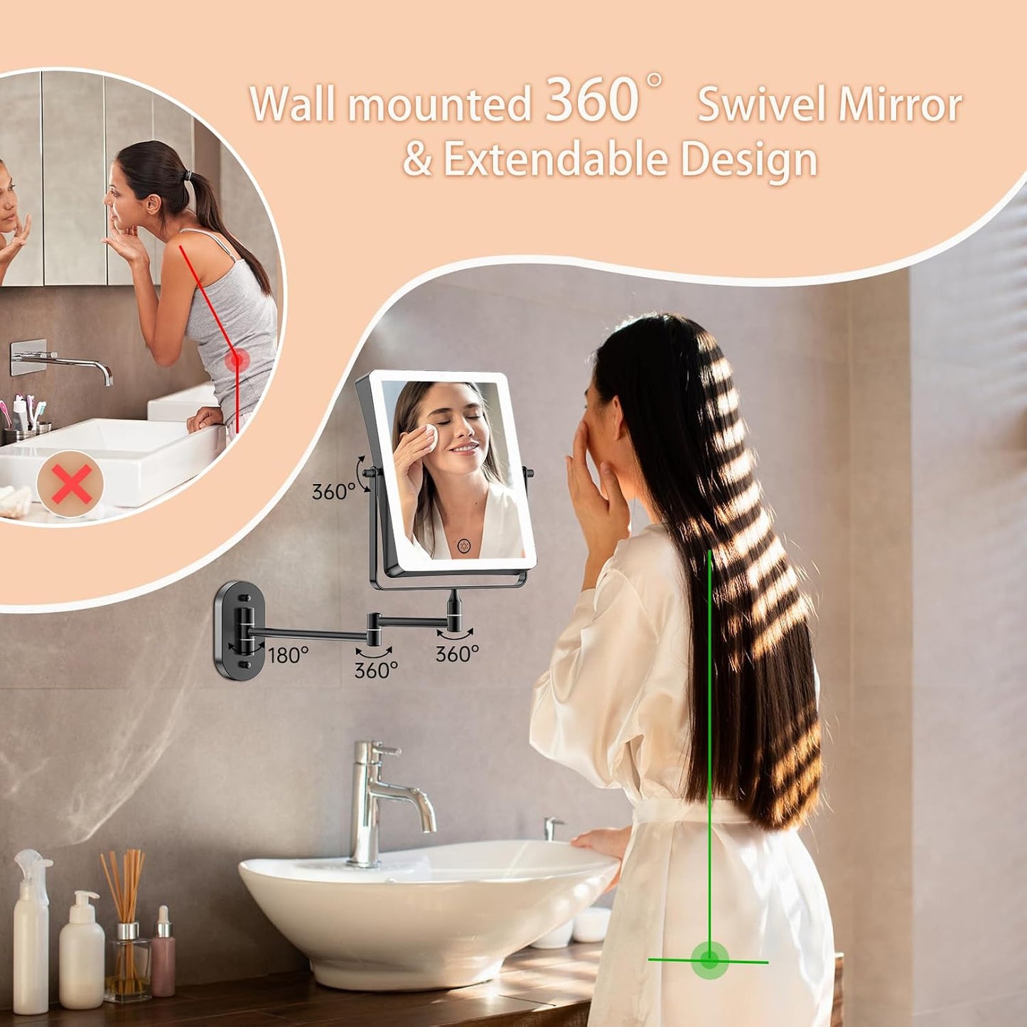 FASCINATE Rechargeable Wall Mounted Makeup Mirror, 8.7" Double Sided Touch Switch 1X 30X Rectangle Magnifying Mirror with Light, 3 Color Setting, Extended Arm 360° Swivel Foldable Black