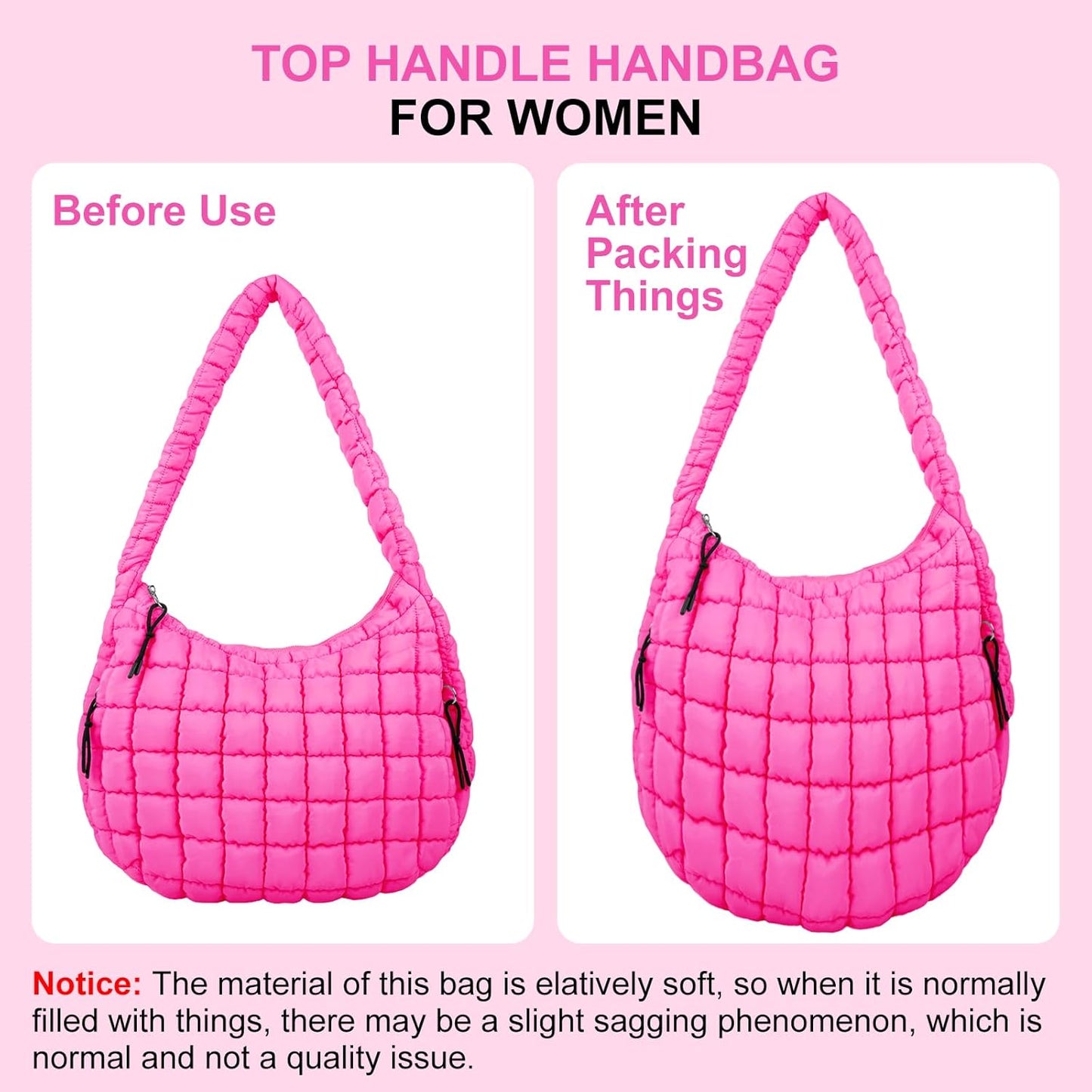 Quilted Puffer Tote Bag Large Crossbody Shoulder Bag with Zipper, Nylon Hobo Oversized Handbag