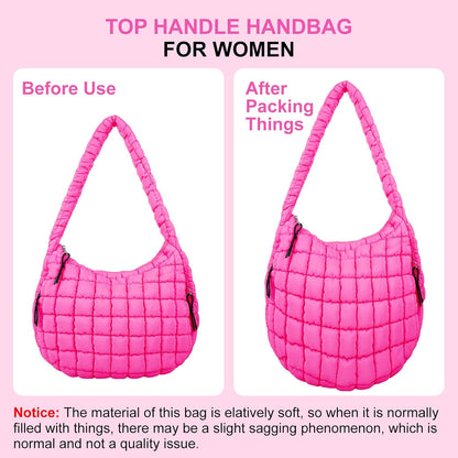 Quilted Puffer Tote Bag Large Crossbody Shoulder Bag with Zipper, Nylon Hobo Oversized Handbag