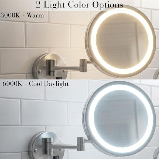 Jerdon HL1016NL 9.5-Inch LED Halo Lighted Wall Mount Mirror with 5x Magnification, 16-Inch Extension, Nickel Finish | 9.5" Diameter, 16" Wall Arm, LED Lighting, Corded Plug-In Power