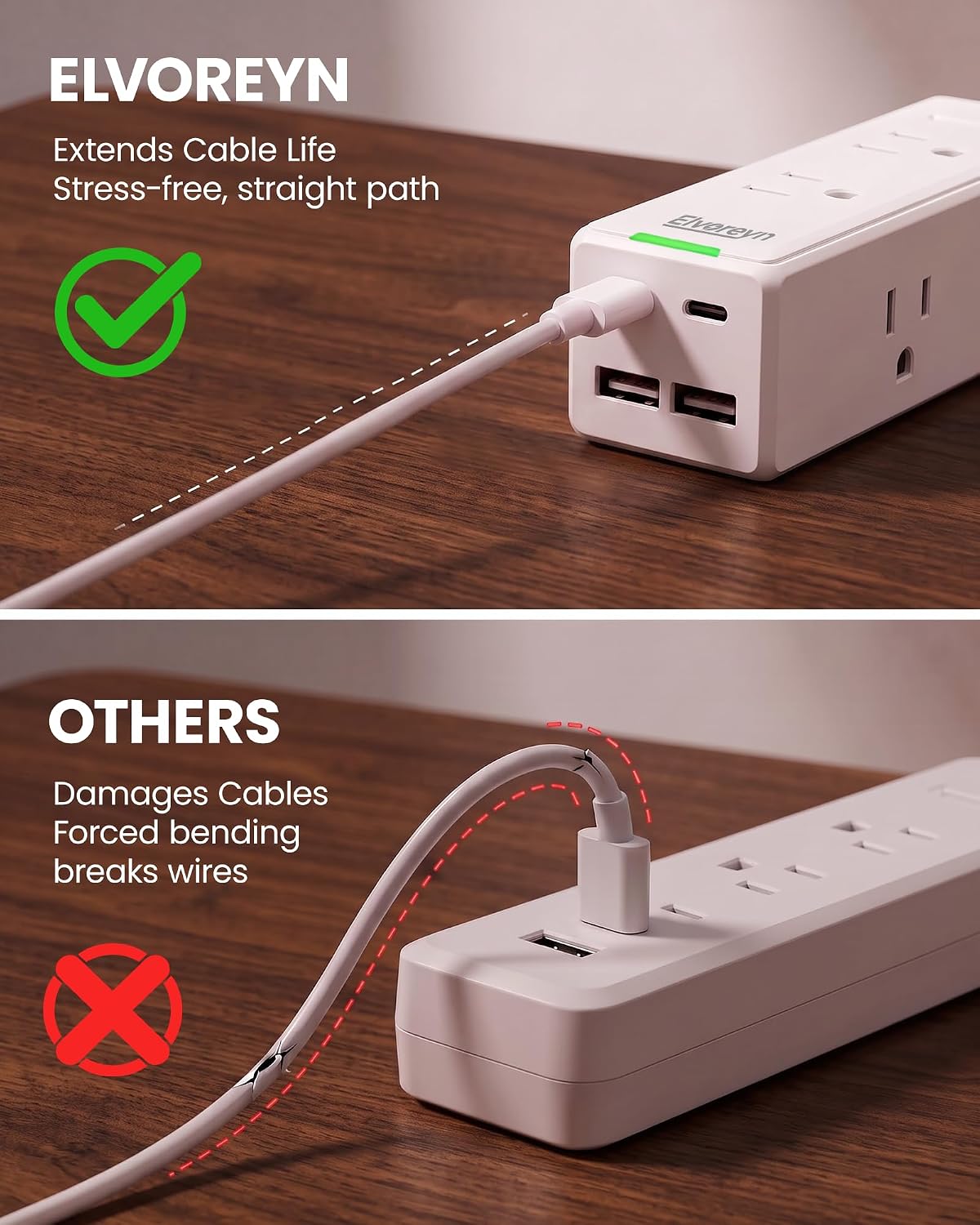 6 FT Flat Plug Extension Cord Power Bar with 6 Outlets and 4 USB