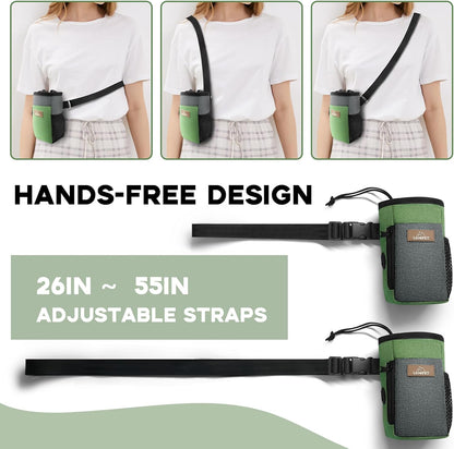 Upgraded Large-Sized Dog Treat Pouch with Waist Clip - Fashionable Green&Grey Design - Large Capacity Treat Bag for Dog Walks,Outdoor Activities, Travel and Training - Includes 1 Poop Bags